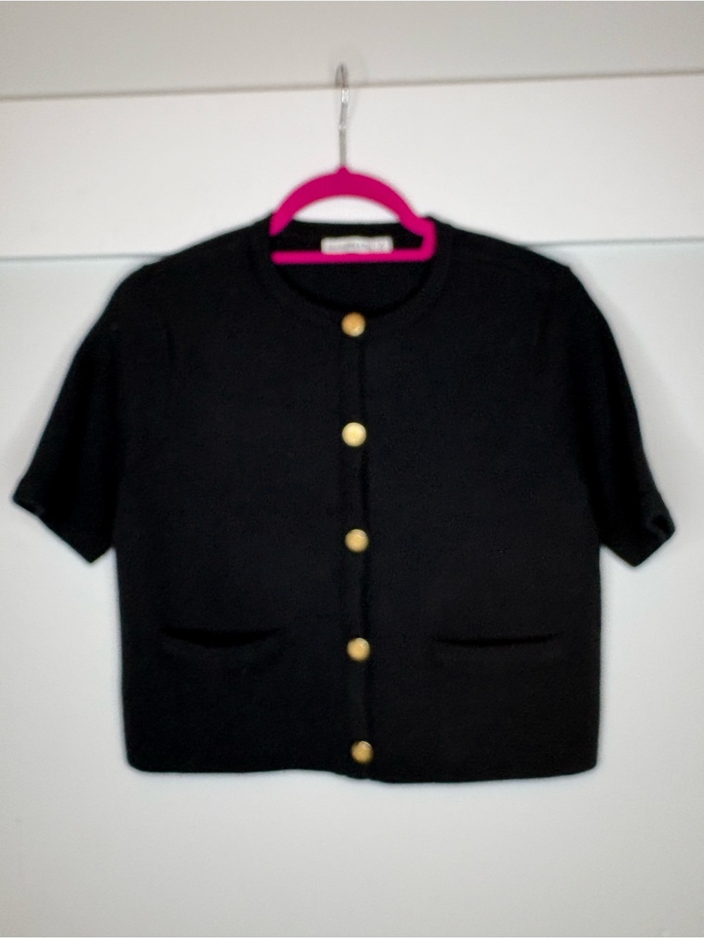 Abercrombie & Fitch Black Short-Sleeve Cropped Blazer with Gold Buttons.
